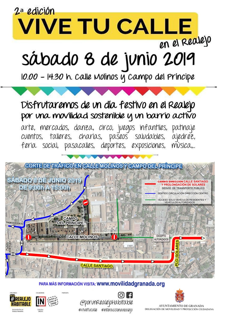 Cartel Vive tu calle 2 Desvios de trafico Granada 2019